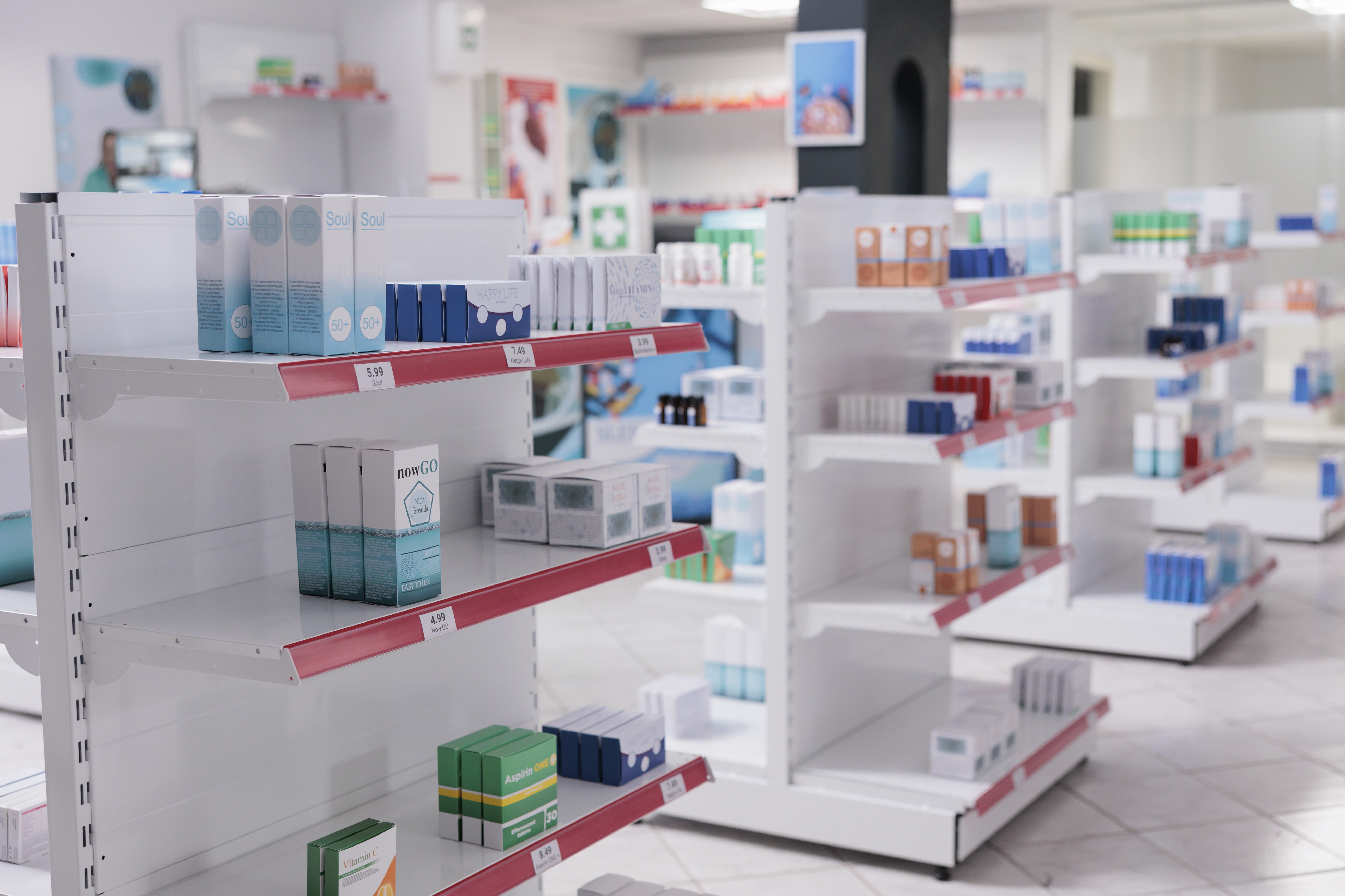 Merchandising en pharmacie dans une pharmacie vide